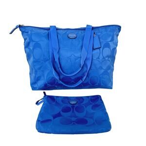 Coach Signature Nylon Packable Tote Bag Blue Removable Pouch Overnight Travel